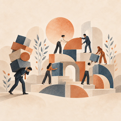 Ilustración sobre adaptabilidad organizativa: una persona soporta una carga excesiva mientras un equipo reorganiza conjuntamente el trabajo y las responsabilidades.