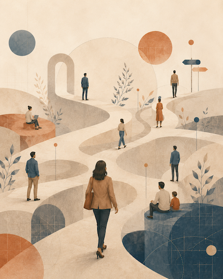 Ilustración conceptual de carreras profesionales no lineales, con caminos curvos y varias personas avanzando por recorridos distintos.